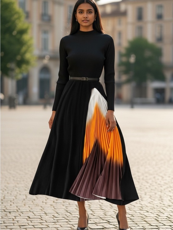 Dresses & Skirts - Black Midi Pleated Skirt with Orange Accent